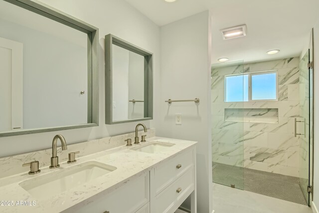 1930 E Missouri Ave, Phoenix, AZ 85016 - full bathroom with a marble finish shower, double vanity, and recessed lighting