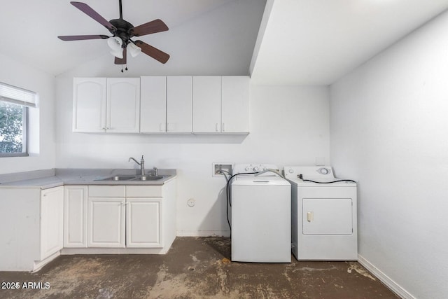 22914 W Sunland Ave, Buckeye, AZ 85326 - clothes washing area featuring cabinet space, washer and dryer, ceiling fan, and baseboards