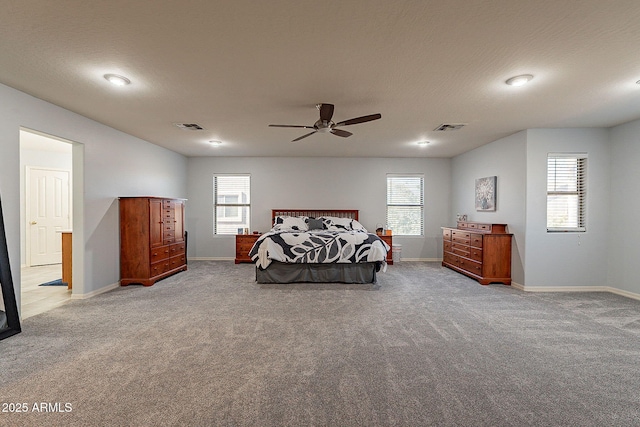 carpeted bedroom with ceiling fan, multiple windows, and a textured ceiling