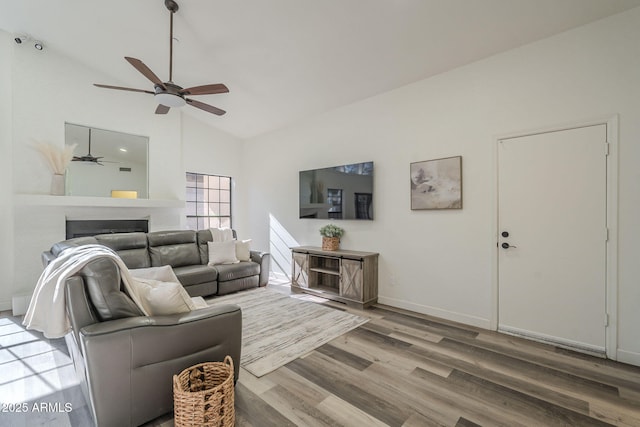 living room featuring wood-type flooring and high vaulted ceiling