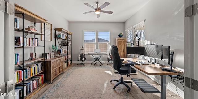 office space with light hardwood / wood-style floors and ceiling fan