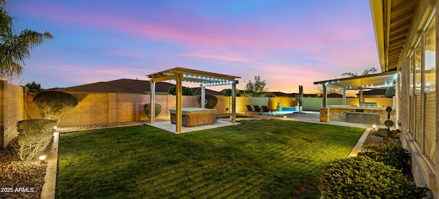 yard at dusk with a pergola, a hot tub, and a patio