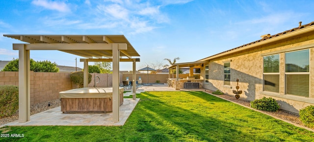 view of yard featuring a hot tub, a patio, area for grilling, and a pergola