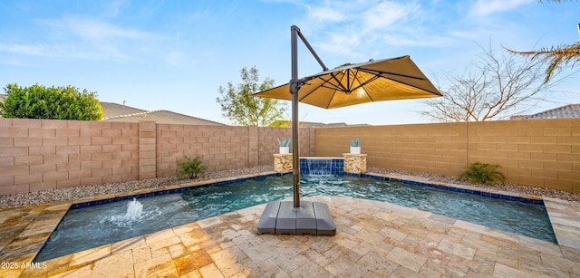 view of pool with pool water feature and a patio area