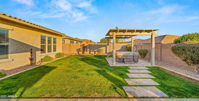 view of yard with a pergola, a hot tub, and a patio