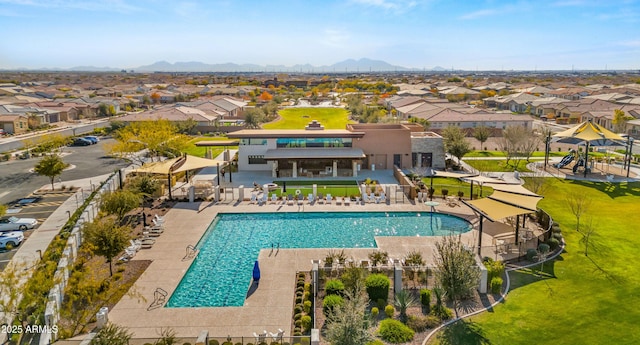 view of pool featuring a patio and a mountain view