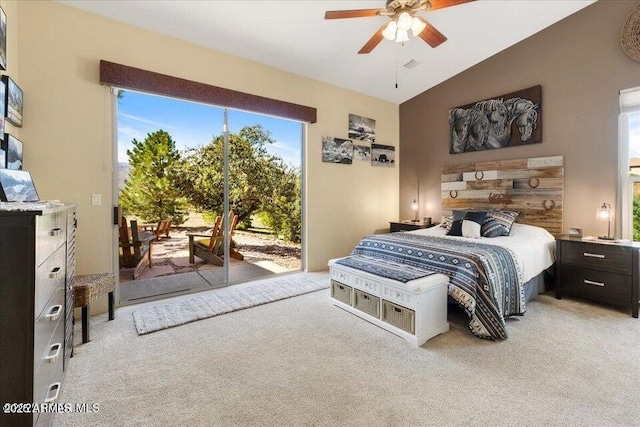 10796 N Saddle Pass Rd, Prescott, AZ 86305 - bedroom with light carpet, access to outside, vaulted ceiling, and ceiling fan
