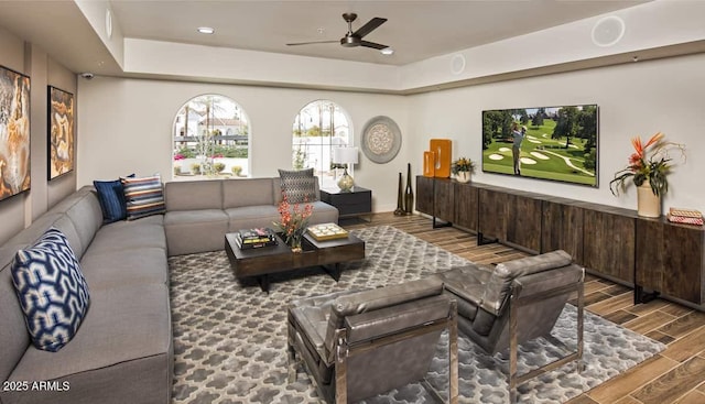 2511 W Queen Creek Rd Unit 374, Chandler, AZ 85248 - living area featuring wood tiled floors, ceiling fan, a tray ceiling, and recessed lighting