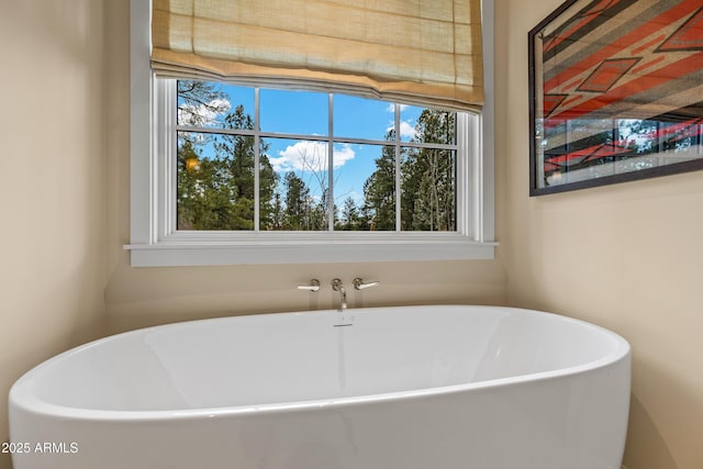 bathroom with a soaking tub and plenty of natural light