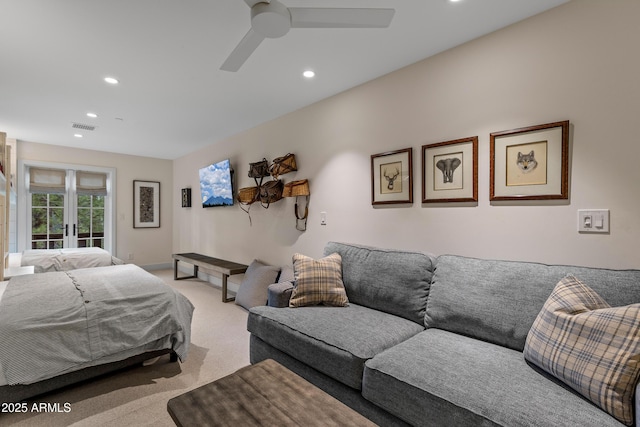 bedroom featuring ceiling fan, light carpet, visible vents, and recessed lighting
