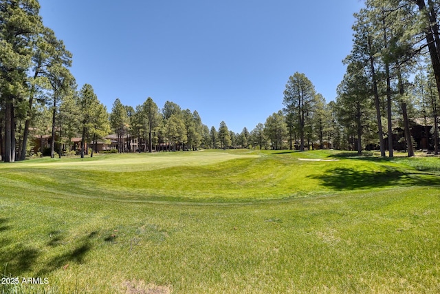 view of property's community with view of golf course and a yard