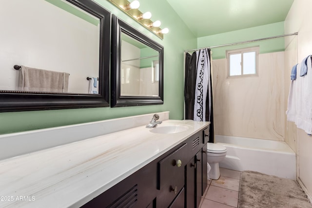 full bathroom with shower / tub combo with curtain, vanity, toilet, and tile patterned floors