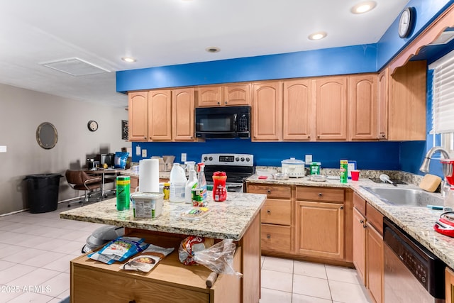 kitchen with light tile patterned floors, light brown cabinets, stainless steel appliances, a sink, and open shelves