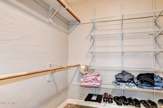 walk in closet with wood finished floors