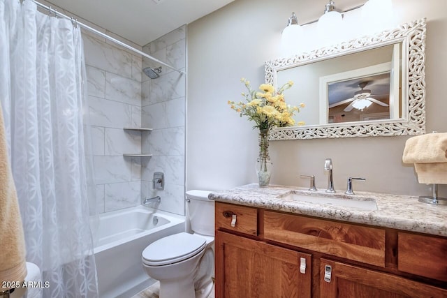 full bathroom featuring vanity, toilet, a ceiling fan, and shower / bathtub combination with curtain