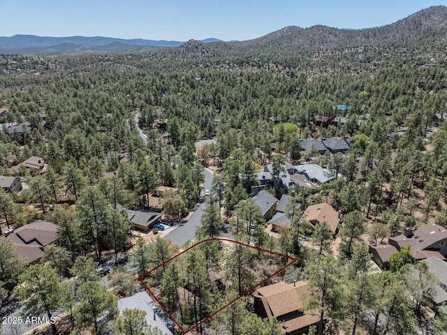 drone / aerial view with a mountain view and a view of trees