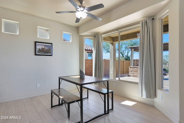 dining area featuring light hardwood / wood-style flooring and ceiling fan