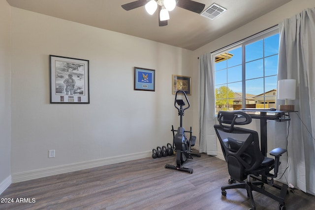 exercise room featuring ceiling fan and hardwood / wood-style flooring