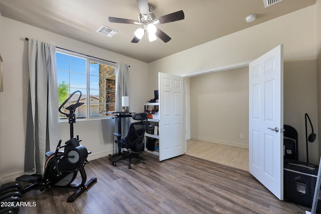 office area featuring wood-type flooring and ceiling fan