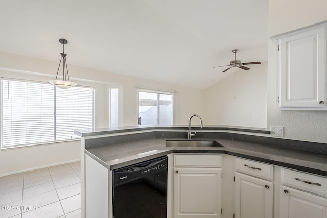 kitchen featuring light tile patterned floors, a sink, white cabinets, black dishwasher, and dark countertops