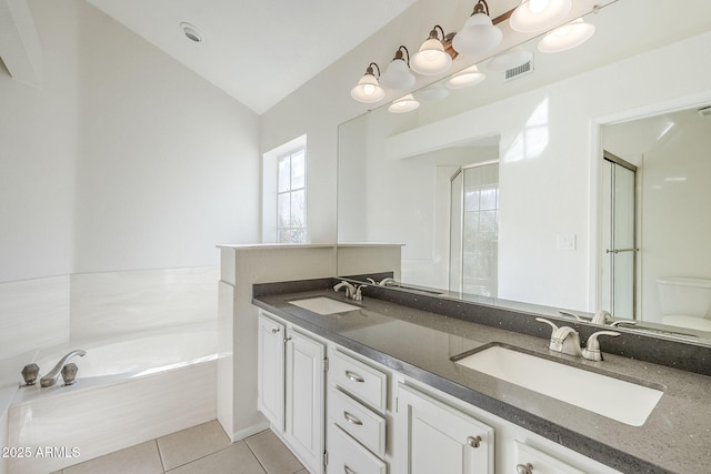 bathroom featuring a sink, visible vents, a shower stall, and tile patterned flooring