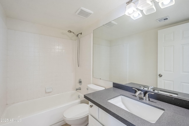 full bath featuring vanity,  shower combination, toilet, and visible vents