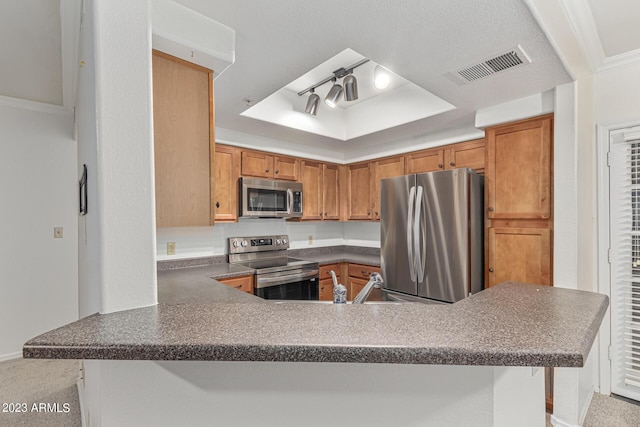 750 E Northern Ave Unit 2045, Phoenix, AZ 85020 - kitchen featuring appliances with stainless steel finishes, a raised ceiling, dark countertops, a peninsula, and brown cabinets