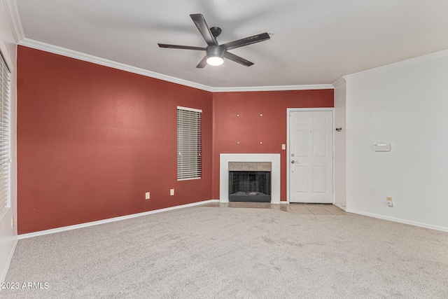750 E Northern Ave Unit 2045, Phoenix, AZ 85020 - unfurnished living room featuring a ceiling fan, carpet, crown molding, and a fireplace with flush hearth