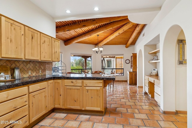 kitchen featuring light brown cabinets, backsplash, tile countertops, a peninsula, and vaulted ceiling with beams