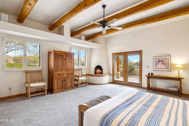 bedroom featuring baseboards, beamed ceiling, light carpet, french doors, and access to outside