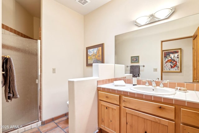 full bath featuring tile patterned flooring, visible vents, a shower stall, toilet, and vanity