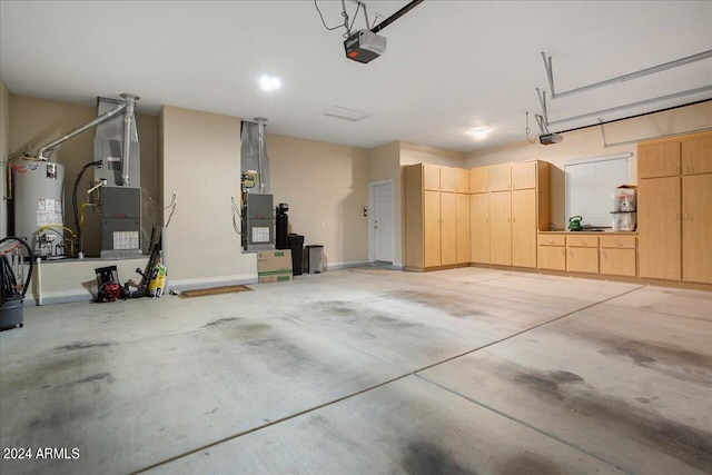 garage with heating unit, gas water heater, and a garage door opener