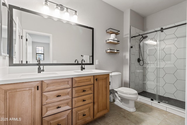 bathroom with vanity, tile patterned flooring, toilet, and walk in shower