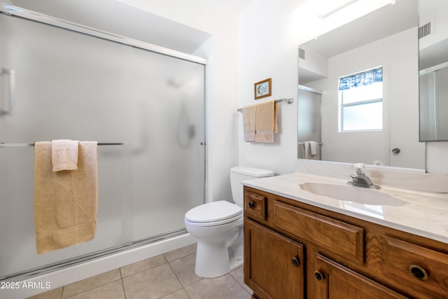 full bath with visible vents, toilet, a shower stall, vanity, and tile patterned flooring