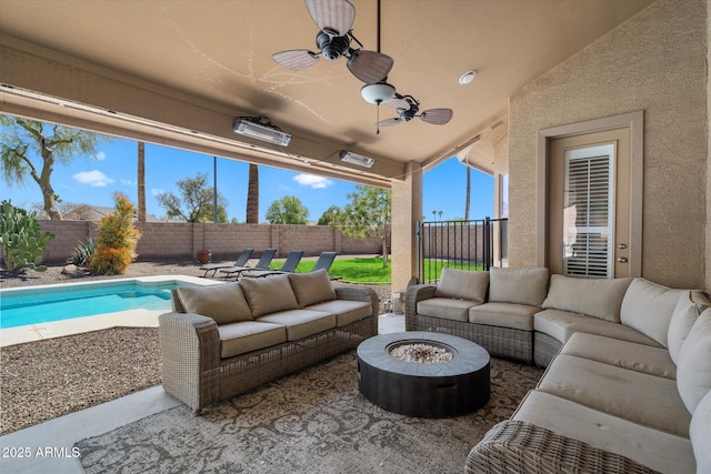 24403 N 43rd Dr, Glendale, AZ 85310 - view of patio featuring a fenced backyard, a ceiling fan, a fenced in pool, and an outdoor hangout area