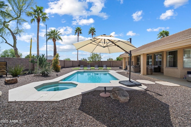 24403 N 43rd Dr, Glendale, AZ 85310 - view of pool featuring a fenced in pool, an in ground hot tub, a patio area, a fenced backyard, and an outdoor hangout area