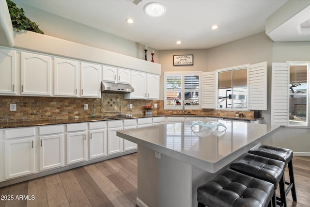 24403 N 43rd Dr, Glendale, AZ 85310 - kitchen featuring light wood-type flooring, a kitchen breakfast bar, backsplash, under cabinet range hood, and a sink