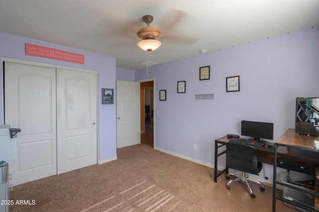 office area featuring baseboards, carpet, and ceiling fan