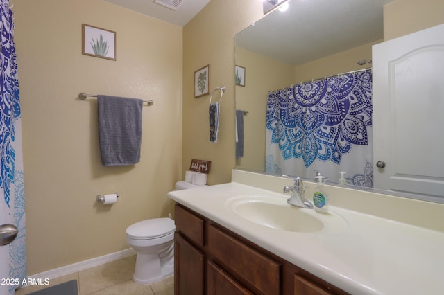 full bathroom with tile patterned flooring, visible vents, vanity, toilet, and baseboards