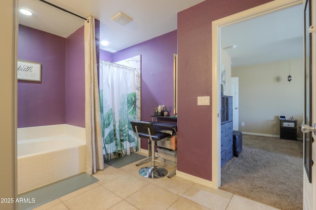 bathroom with visible vents, tile patterned floors, a shower with shower curtain, and a bath