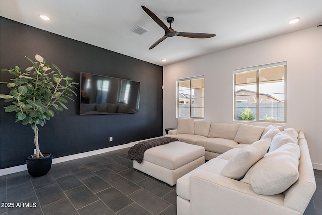 22822 E Watford Dr, Queen Creek, AZ 85142 - living room featuring recessed lighting, visible vents, ceiling fan, and baseboards