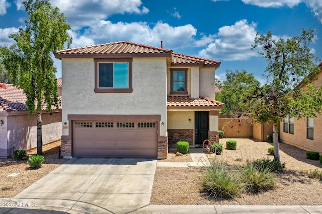 1090 S Bogle Ct, Chandler, AZ 85286 - mediterranean / spanish home featuring an attached garage, driveway, stucco siding, a tile roof, and stone siding