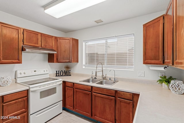 4760 W Wahalla Ln, Glendale, AZ 85308 - kitchen featuring white electric stove, under cabinet range hood, a sink, light countertops, and brown cabinetry