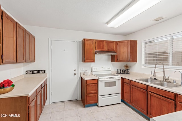 4760 W Wahalla Ln, Glendale, AZ 85308 - kitchen with white range with electric cooktop, a sink, under cabinet range hood, brown cabinets, and light countertops