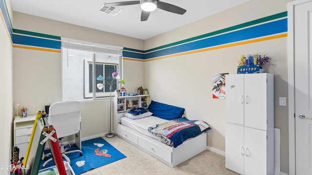 bedroom featuring visible vents, ceiling fan, baseboards, and carpet