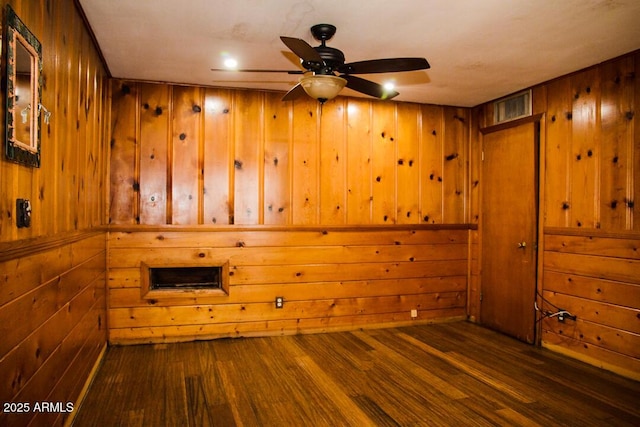 empty room featuring wood walls, ceiling fan, and dark hardwood / wood-style flooring