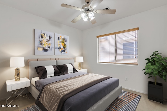 bedroom featuring ceiling fan and baseboards