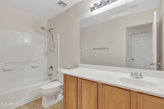 full bathroom with bathing tub / shower combination, vanity, visible vents, toilet, and tile patterned floors