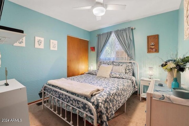 bedroom featuring carpet flooring and ceiling fan