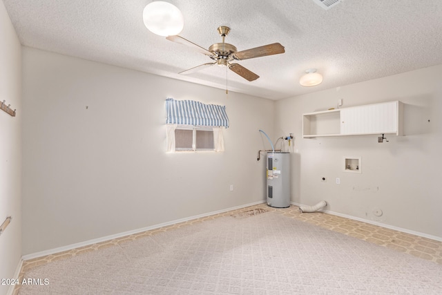 washroom with a textured ceiling, water heater, light colored carpet, and electric dryer hookup